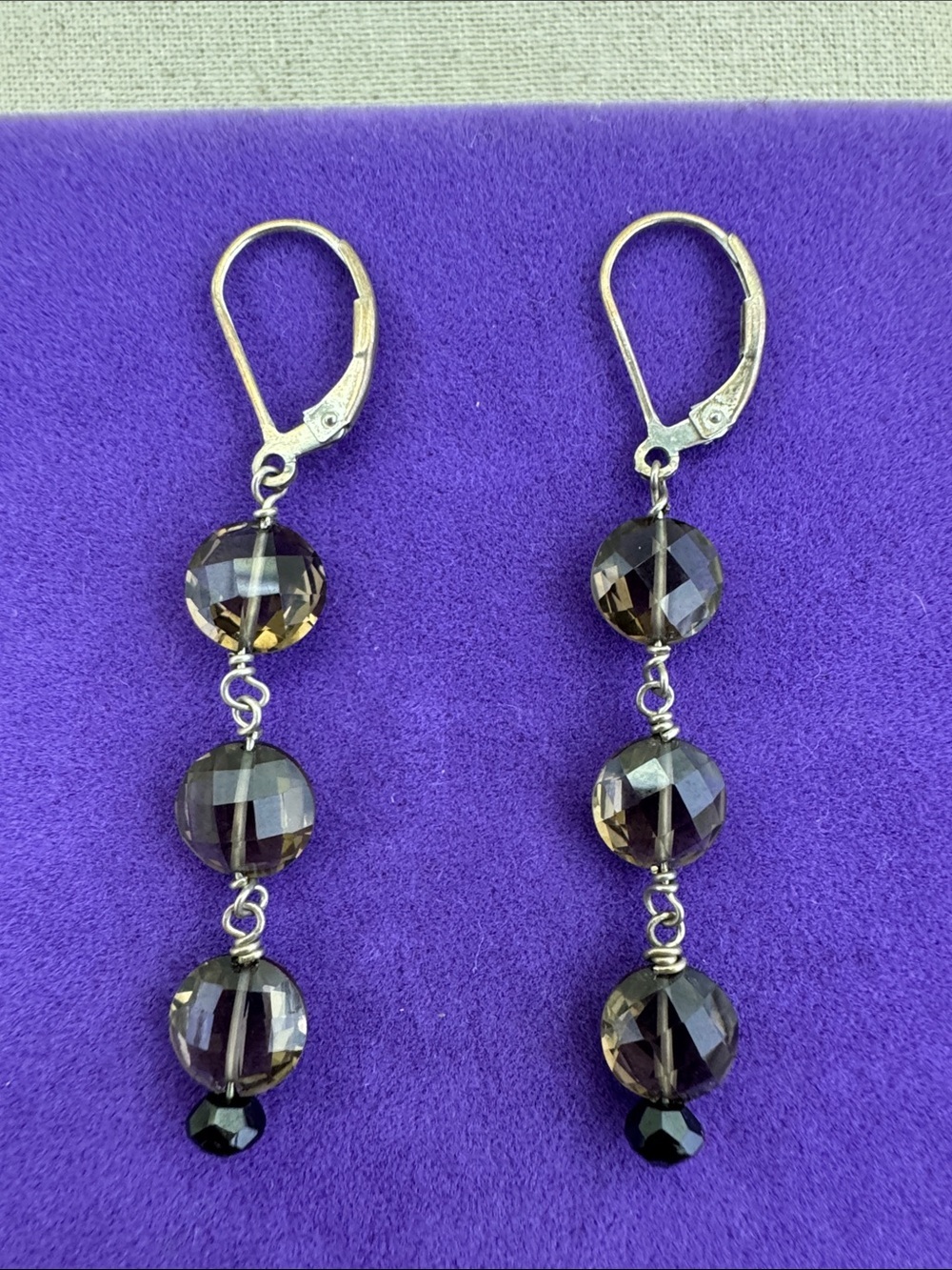 💛 Vintage Sterling Silver Smoky Crystal Drop Dangle Earrings